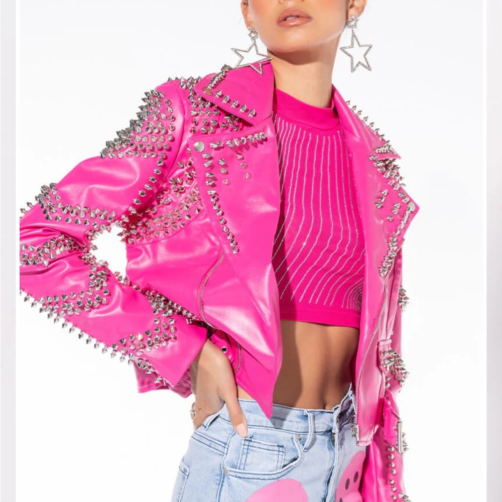 AZALEA WANG ALL PINK SOFT STUDDED MOTO JACKET Studded Pink Leather Jacket S